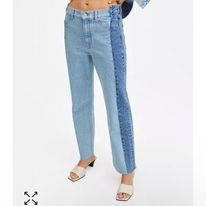 Mango‎ Blue block color Straight Leg Jeans with Asymmetrical Design 2